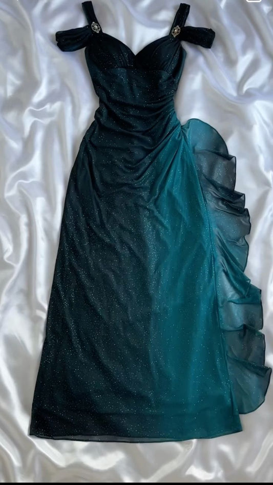 Robe de soirée longue vintage en mousseline de soie, épaules dénudées, volants, bretelles ombrées, DP4380