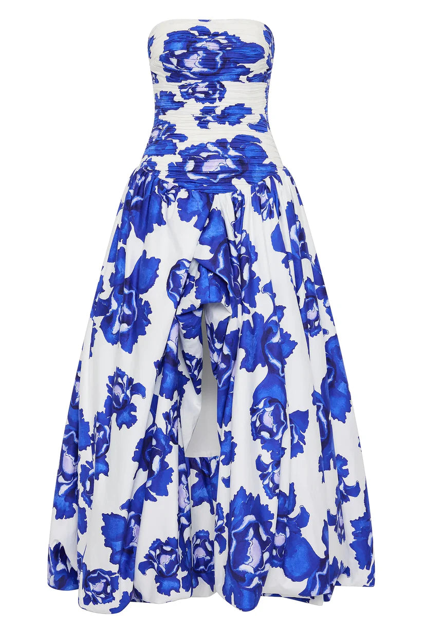 Elegant Blue Floral Strapless A-Line Long Party Dress Birthday Outfit, DP4383
