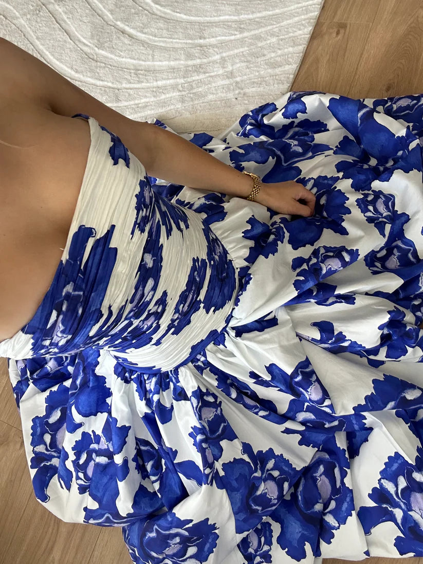 Elegant Blue Floral Strapless A-Line Long Party Dress Birthday Outfit, DP4383