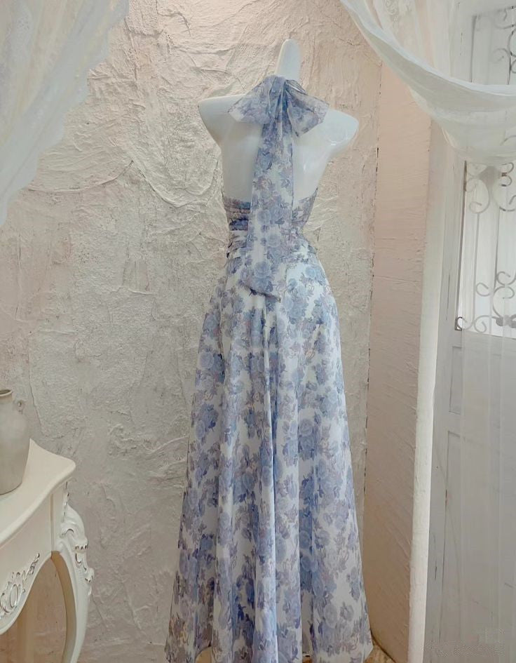 Elegant Halter Neck A-Line Chiffon Long Party Dress Wedding Guest Dress, DP4385