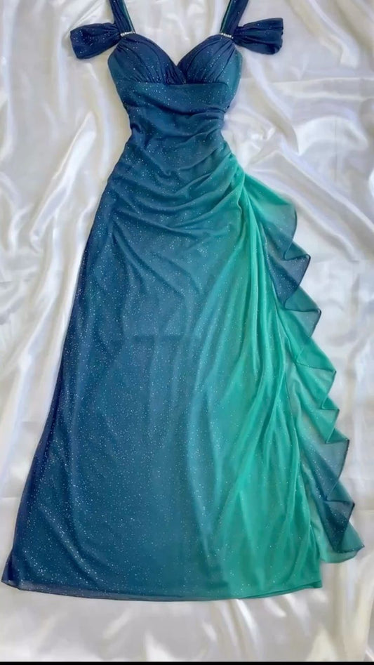 Robe de soirée longue vintage en mousseline de soie, épaules dénudées, bretelles ombrées, volants, DP4386