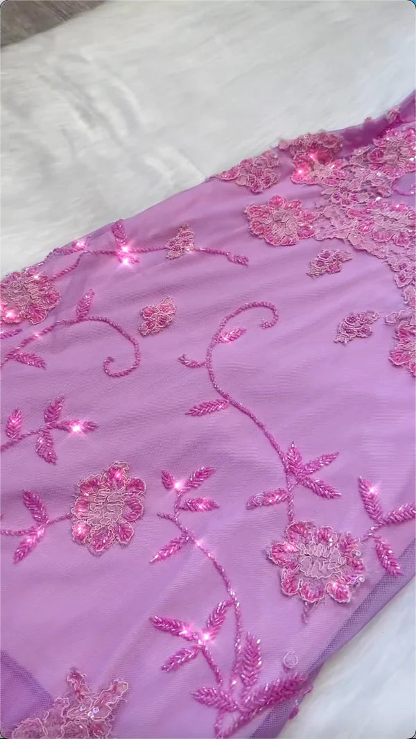 Robe de soirée longue rose à bretelles spaghetti et perles, style vintage, DP4387