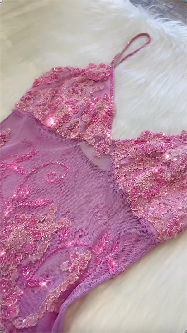 Robe de soirée longue rose à bretelles spaghetti et perles, style vintage, DP4387