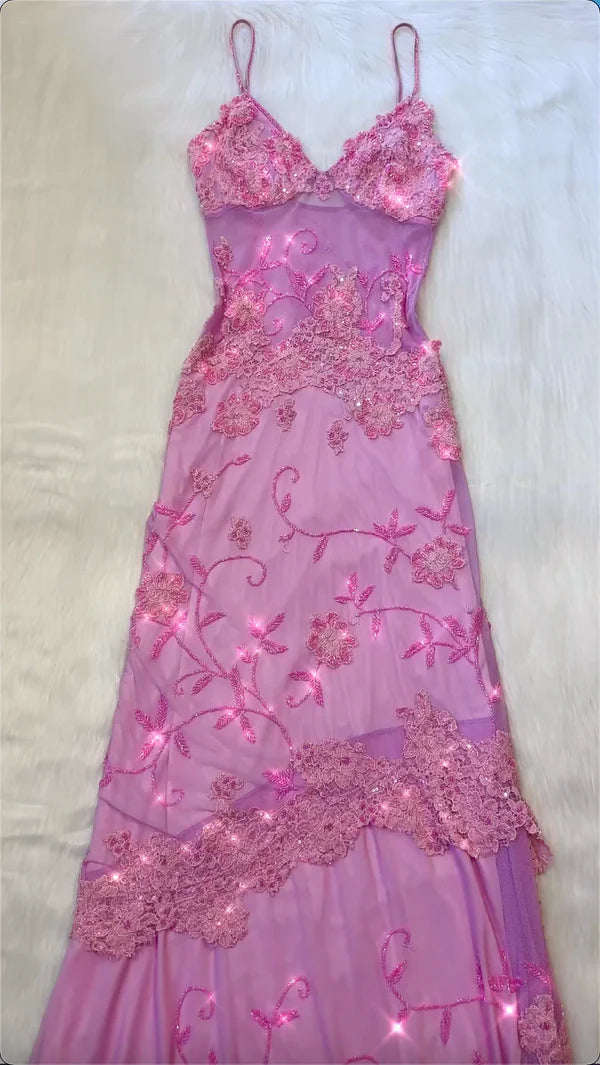 Robe de soirée longue rose à bretelles spaghetti et perles, style vintage, DP4387