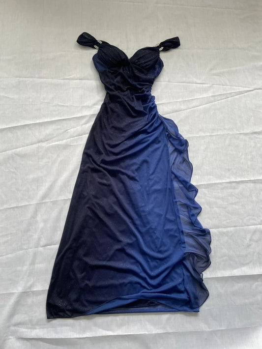 Robe de soirée longue vintage en mousseline de soie, épaules dénudées, bretelles ombrées, volants, DP4403