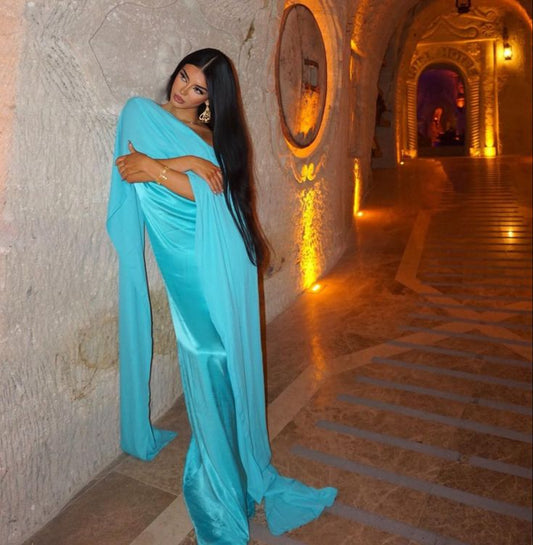 Robe de soirée longue en satin bleu, élégante, épaules dénudées, DP4428