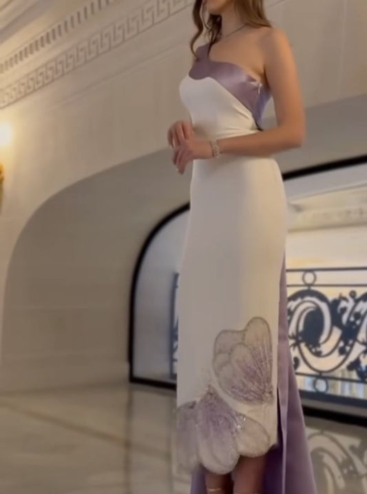 Robe de soirée longue élégante à une épaule et perles, DP4432