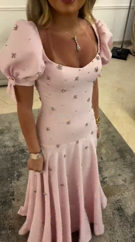 Robe longue rose trapèze à manches bouffantes et perles, tenue de soirée et d'anniversaire, DP4442