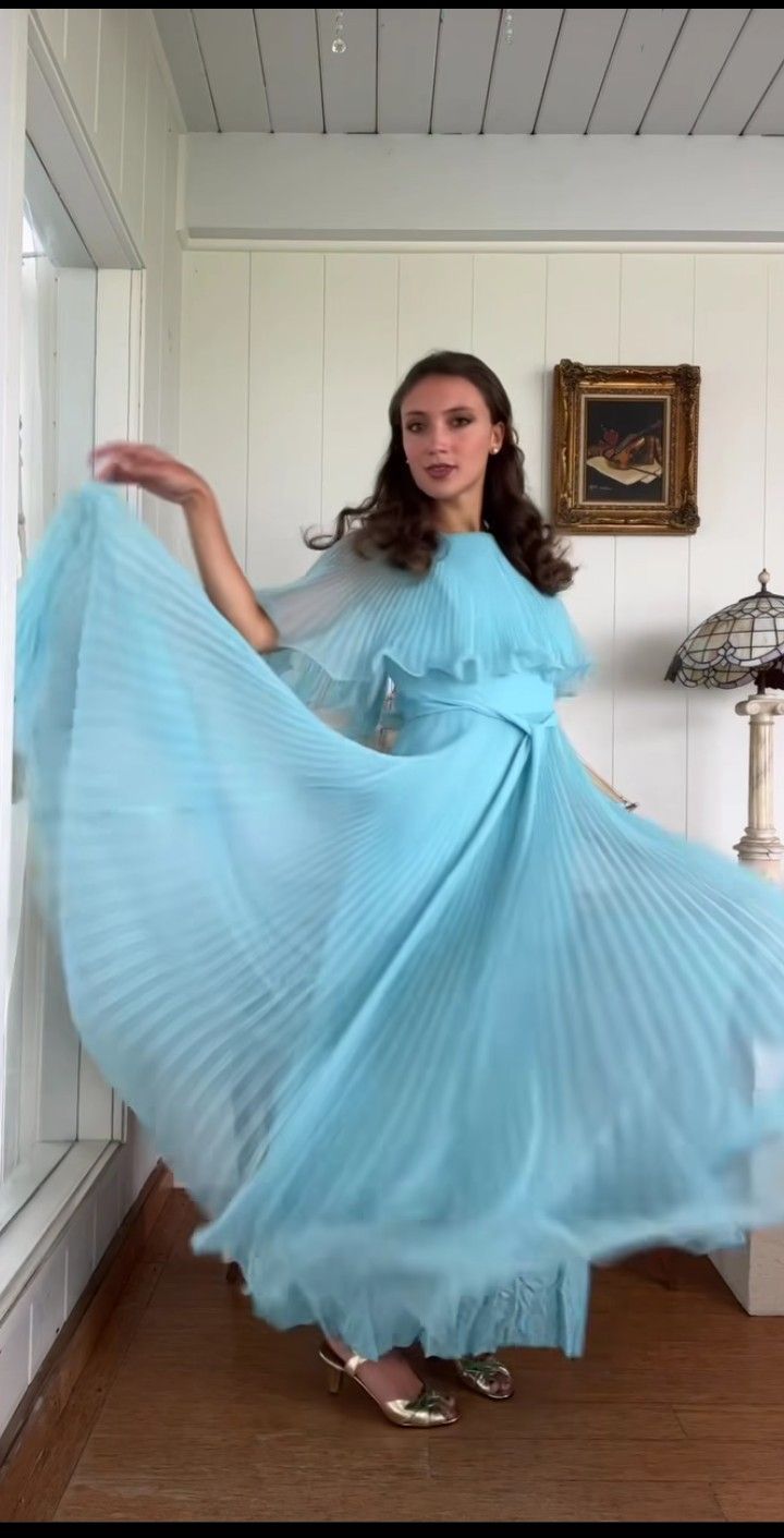 Robe longue plissée en mousseline de soie, élégante, bleue, coupe trapèze, style vintage, tenue de soirée, d'anniversaire, DP4443