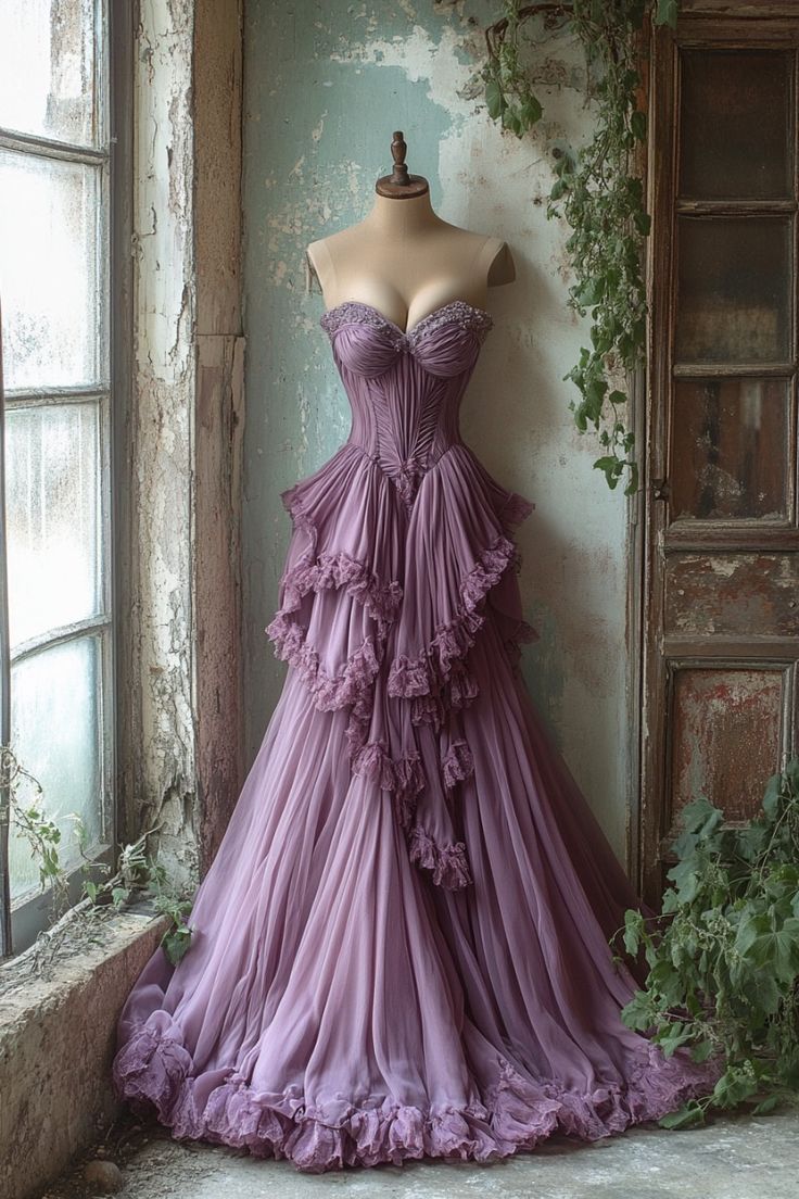 Robe de soirée longue vintage violet poudré, coupe trapèze, décolleté en cœur, DP4447