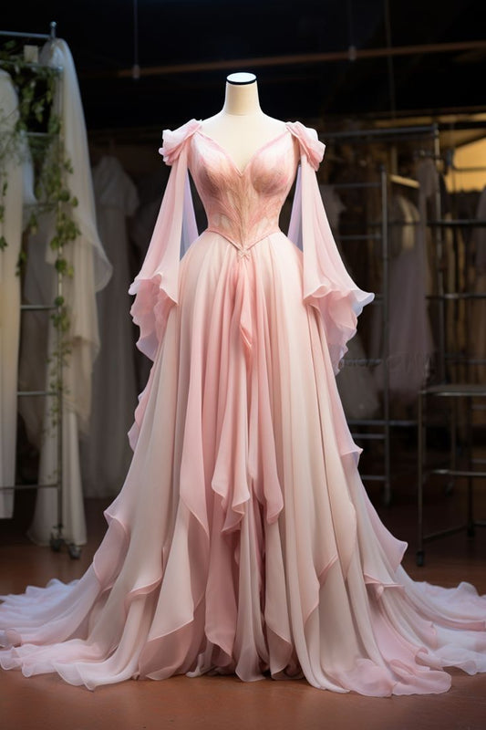Superbe robe de soirée longue rose trapèze à volants en mousseline de soie, style rétro, DP4448
