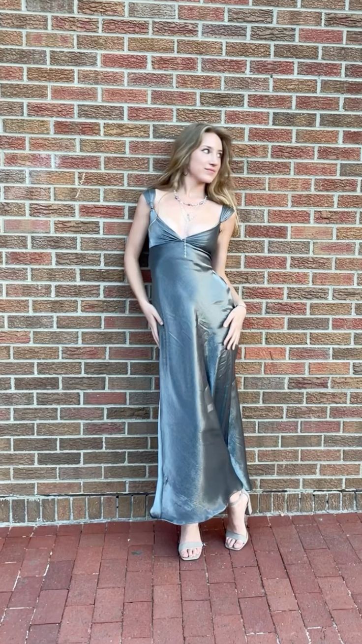 Silver Grey V Neck Sheath Satin Cute Long Party Dress Evening Dress, DP4456