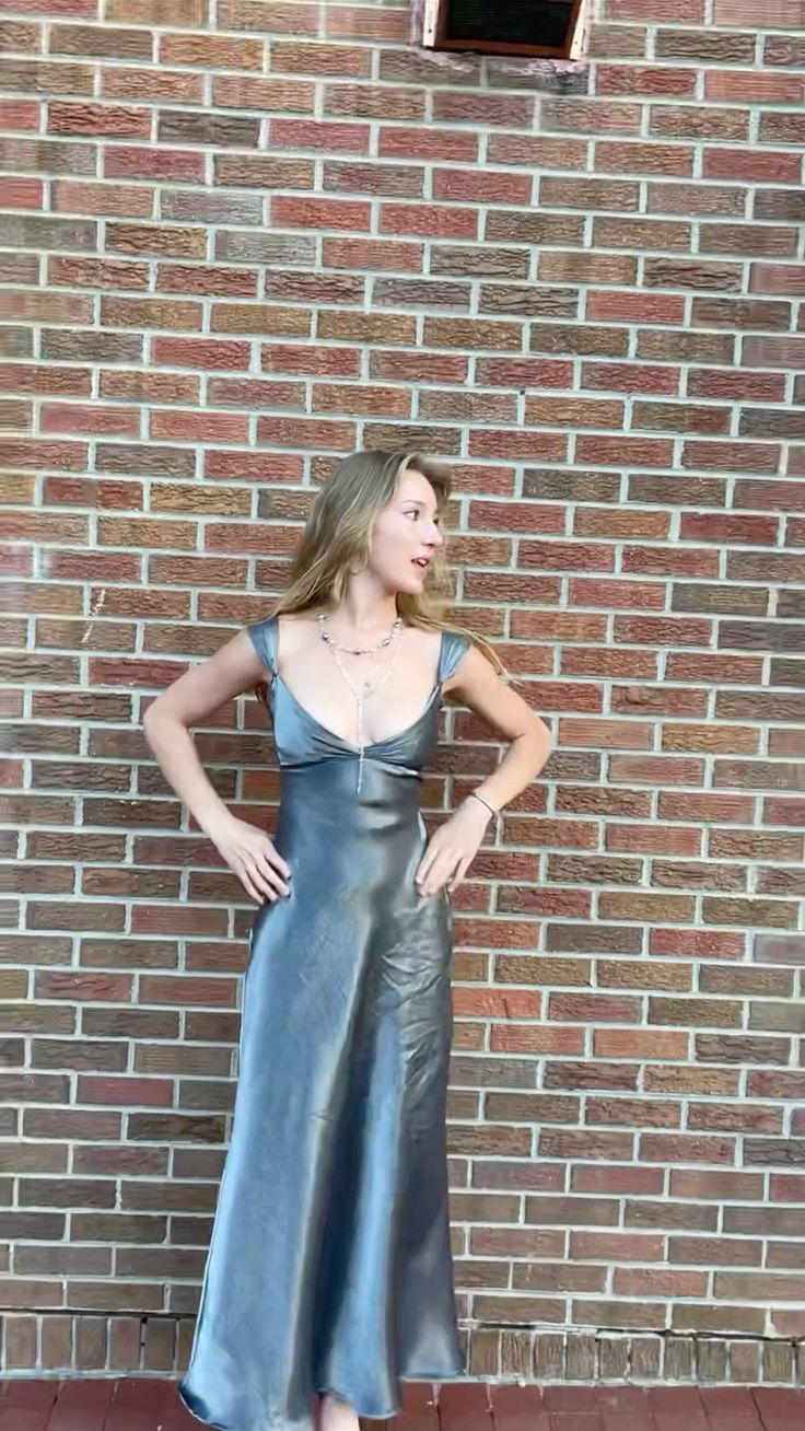 Silver Grey V Neck Sheath Satin Cute Long Party Dress Evening Dress, DP4456