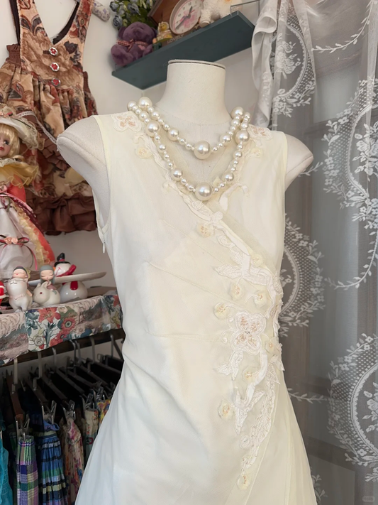 Robe de soirée longue vintage ivoire clair, col en V, sans manches, coupe trapèze, DP4458