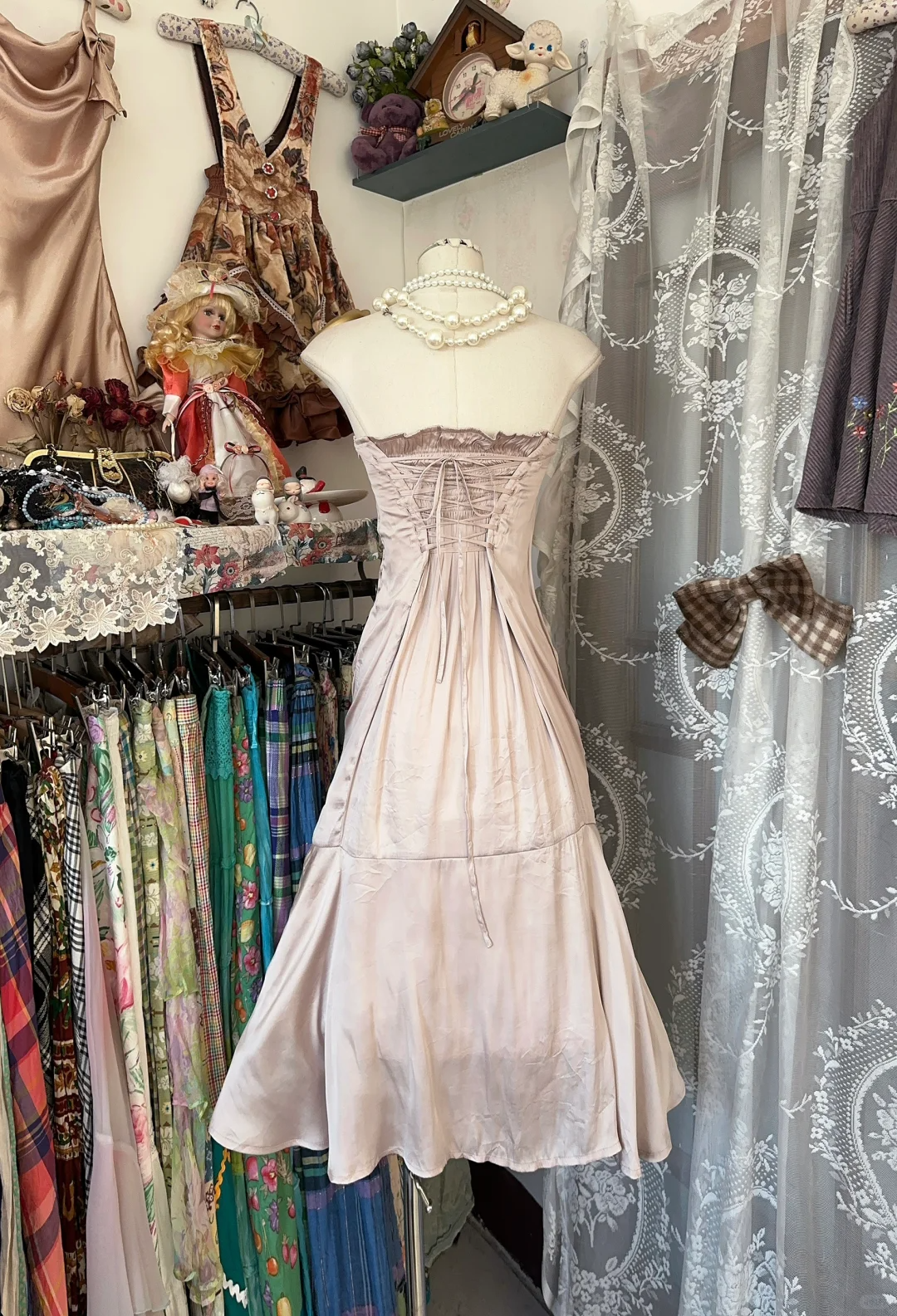 Light Pink Strapless A-Line Satin Midi Length Vintage Party Dress, DP4459