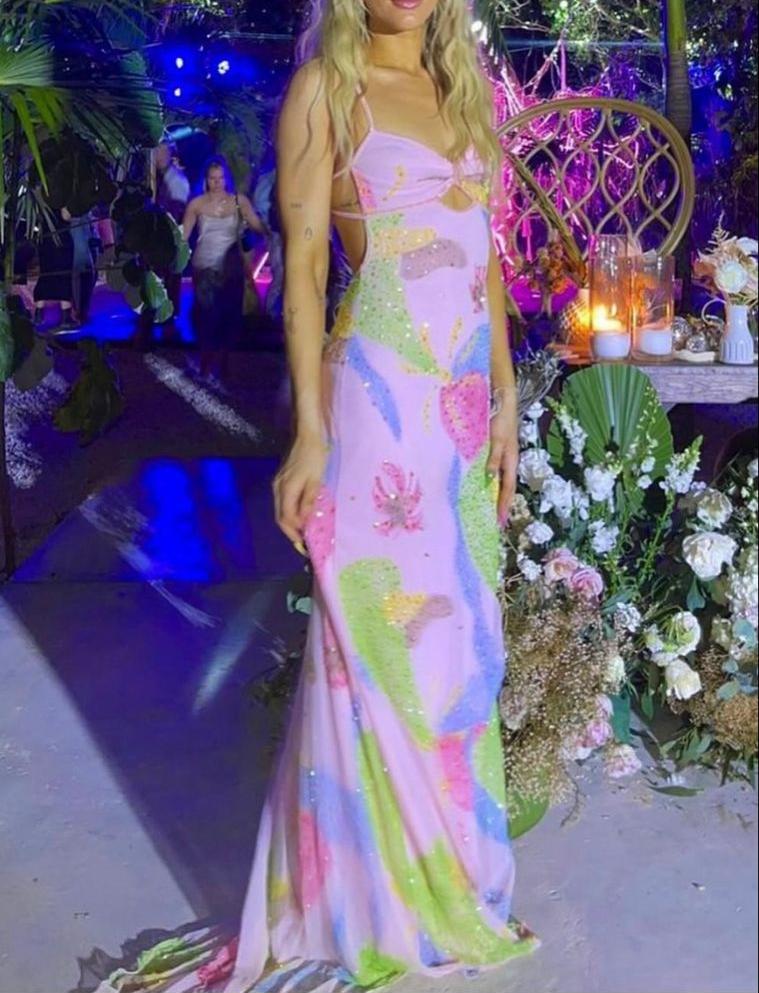 Rosa Träger Offener Rücken Etuikleid Glänzend Langes Partykleid Geburtstagsoutfits, DP4466