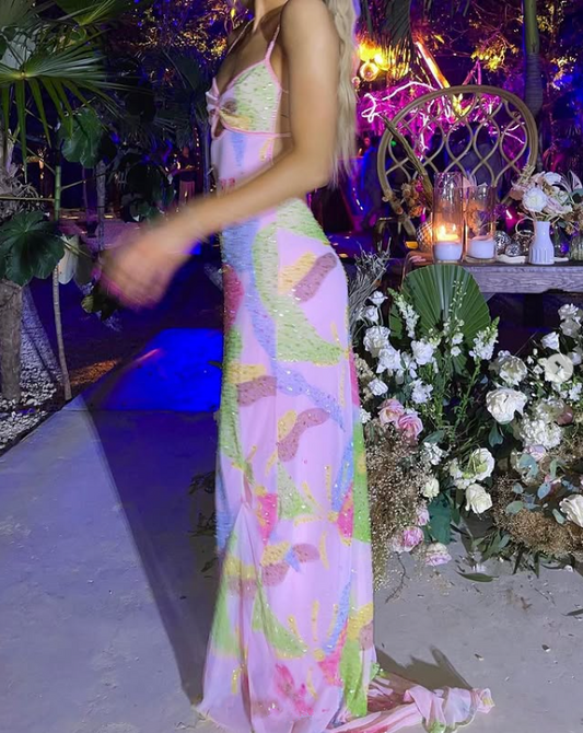 Robe fourreau longue rose à bretelles et dos nu, brillante, tenue de soirée, d'anniversaire, DP4466