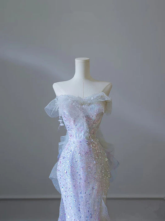 Gorgeous Strapless Mermaid Tulle Sequins Long Prom Dress Evening Gown, DP4468