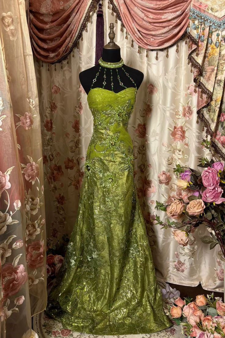 Robe de soirée longue vintage en satin et dentelle, col licou, DP4467