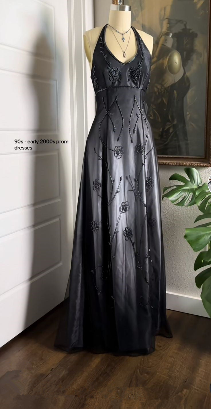 Grey Halter A-Line Beading 90s Vintage Long Prom Dress Evening Gown, DP4470