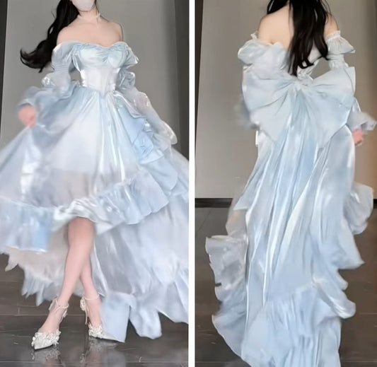 Robe longue bleu clair à col en V et épaules dénudées, tenue de soirée et d'anniversaire, DP4484