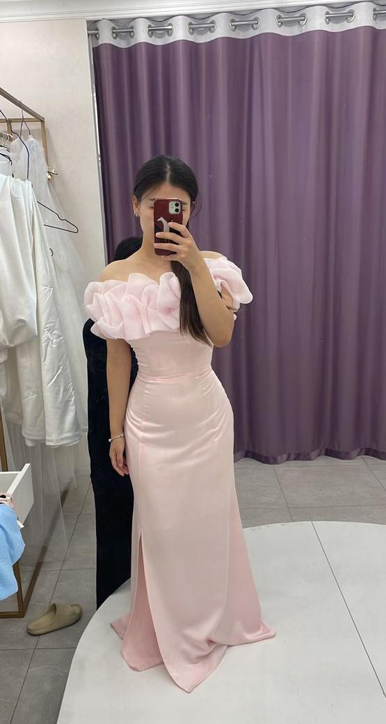 Robe fourreau longue en satin rose élégante à épaules dénudées, robe de soirée d'anniversaire, DP4485