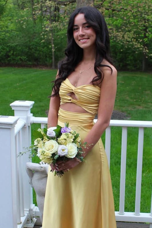 Yellow Strapless A-Line Satin Long Party Dress Simple Wedding Guest Dress, DP4487