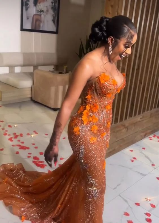 Sexy Orange Sweetheart Mermaid Beading Birthday Outfits Long Prom Dresses, DP4993