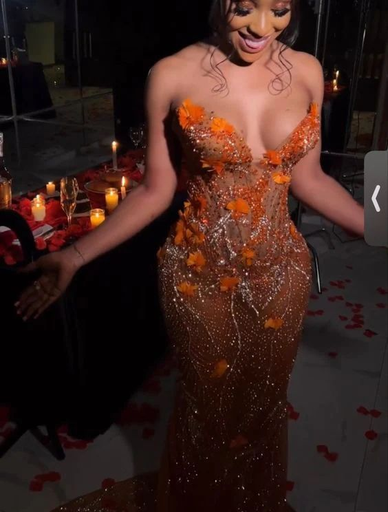 Sexy Orange Sweetheart Mermaid Beading Birthday Outfits Long Prom Dresses, DP4993
