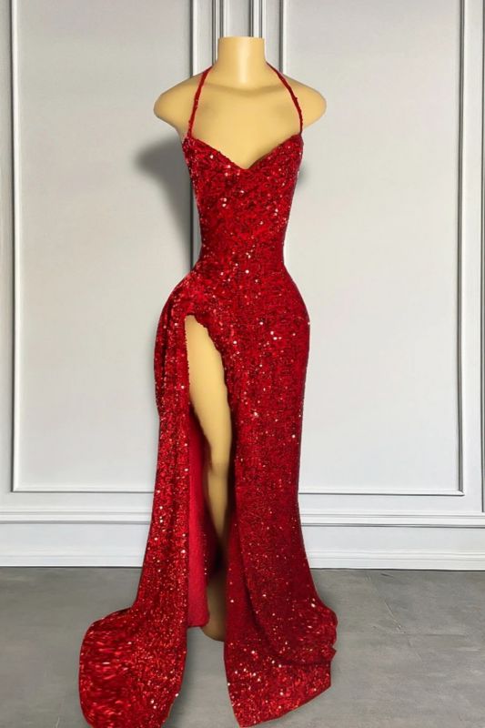 Sexy rotes Spaghettiträger-Pailletten-Split-langes Partykleid-Abendkleid, DP4494