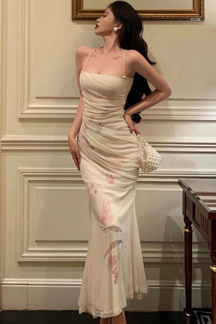 Elegant Ivory Spaghetti Straps Mermaid Long Party Dress Evening Dress, DP4498