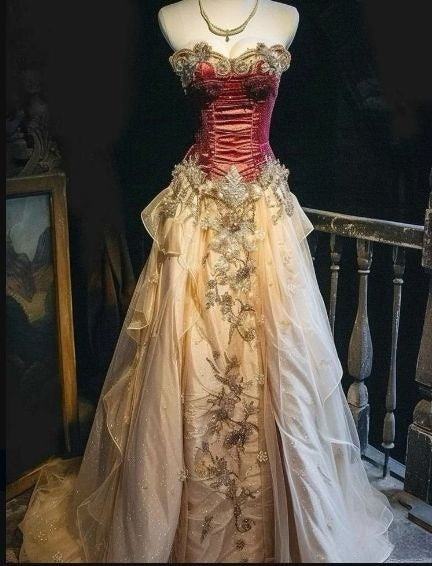 Elegant Strapless A-Line Vintage Long Party Dress Formal Evening Dress, DP4501