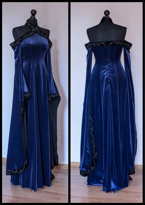 Vintage Dark Blue Halter Neck A-Line Velvet Long Formal Prom Dress Evening Dress, DP5421