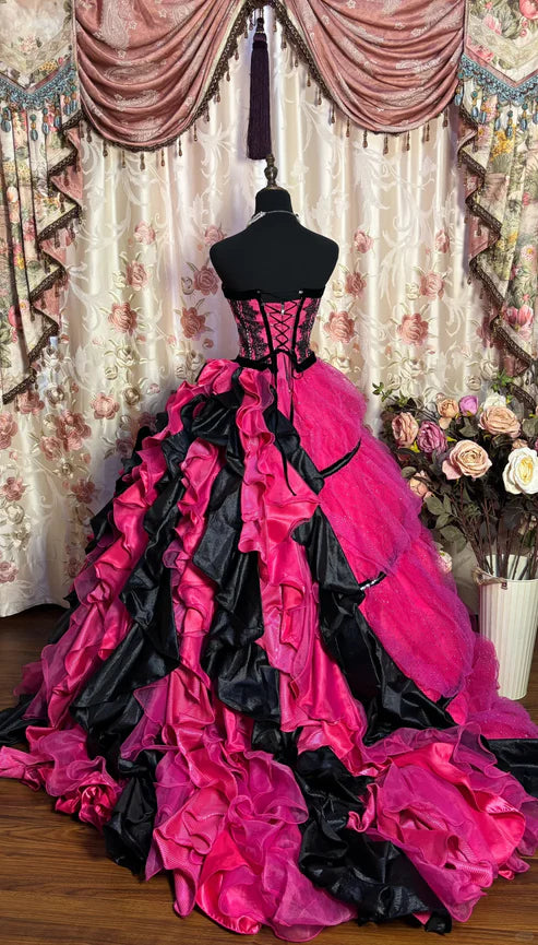 Robe de bal longue style rétro fuchsia sans bretelles, coupe trapèze, avec appliques, robe de bal d'anniversaire, DP5422