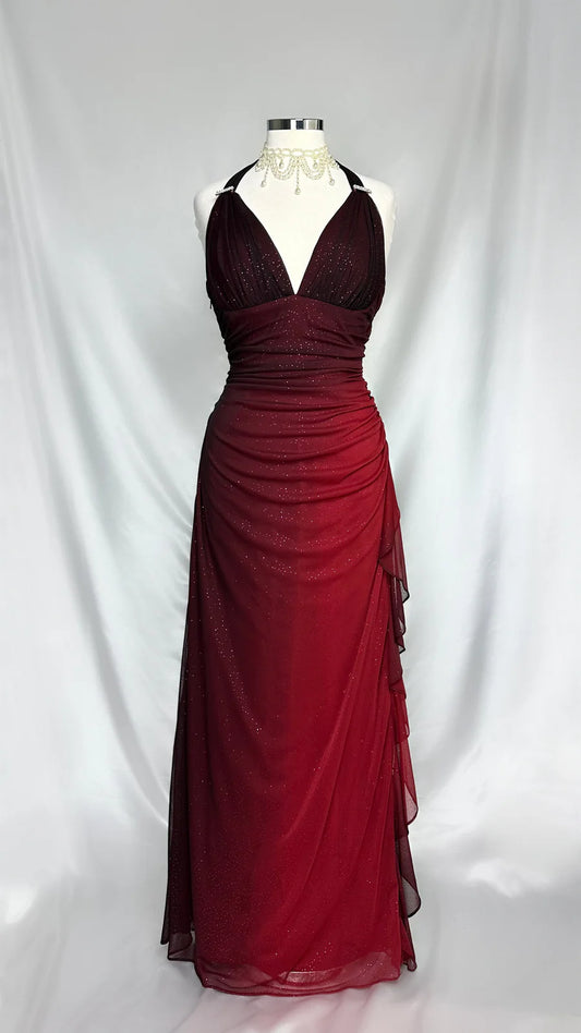 Robe de soirée longue vintage rouge vin, col en V, volants, fourreau, DP4524