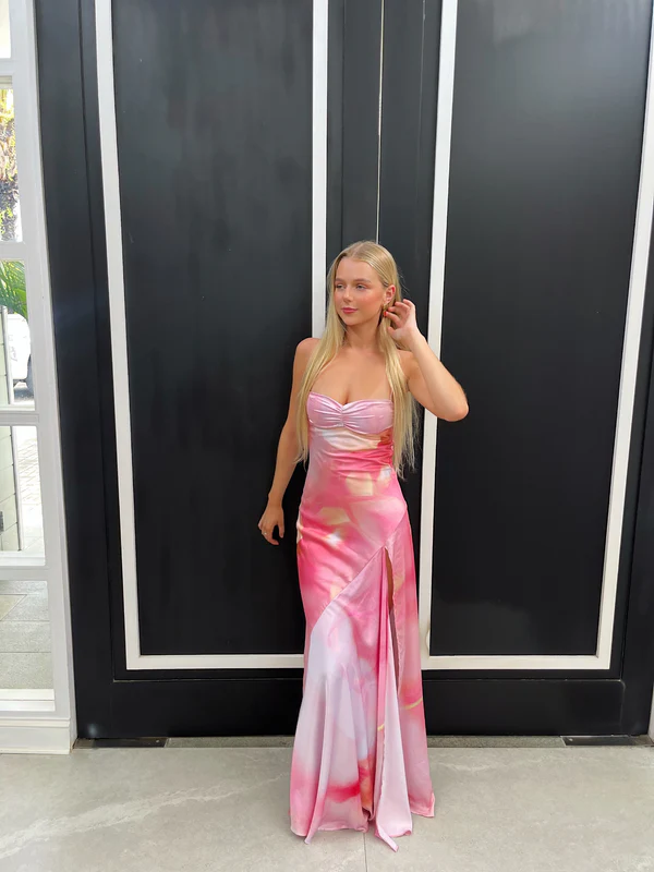 Pink Straps Sheath Satin Ombre Long Party Dress Wedding Guest Dress, DP4531