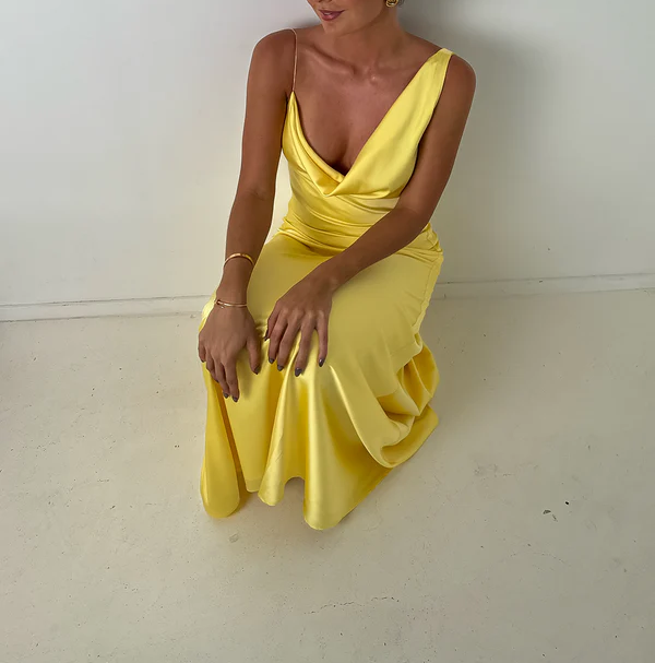 Yellow Straps Sheath Satin Simple Long Party Dress Wedding Guest Dress, DP4534