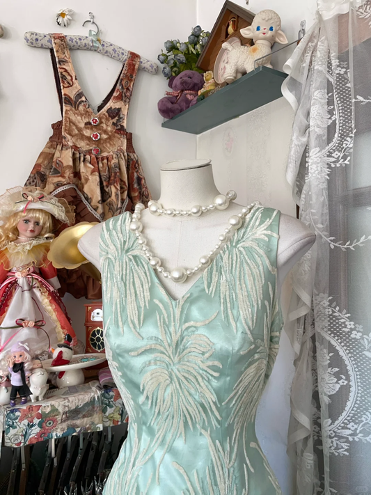 Tiffany Blau V-Ausschnitt Meerjungfrau Vintage Langes Partykleid Formelles Abendkleid, DP4548