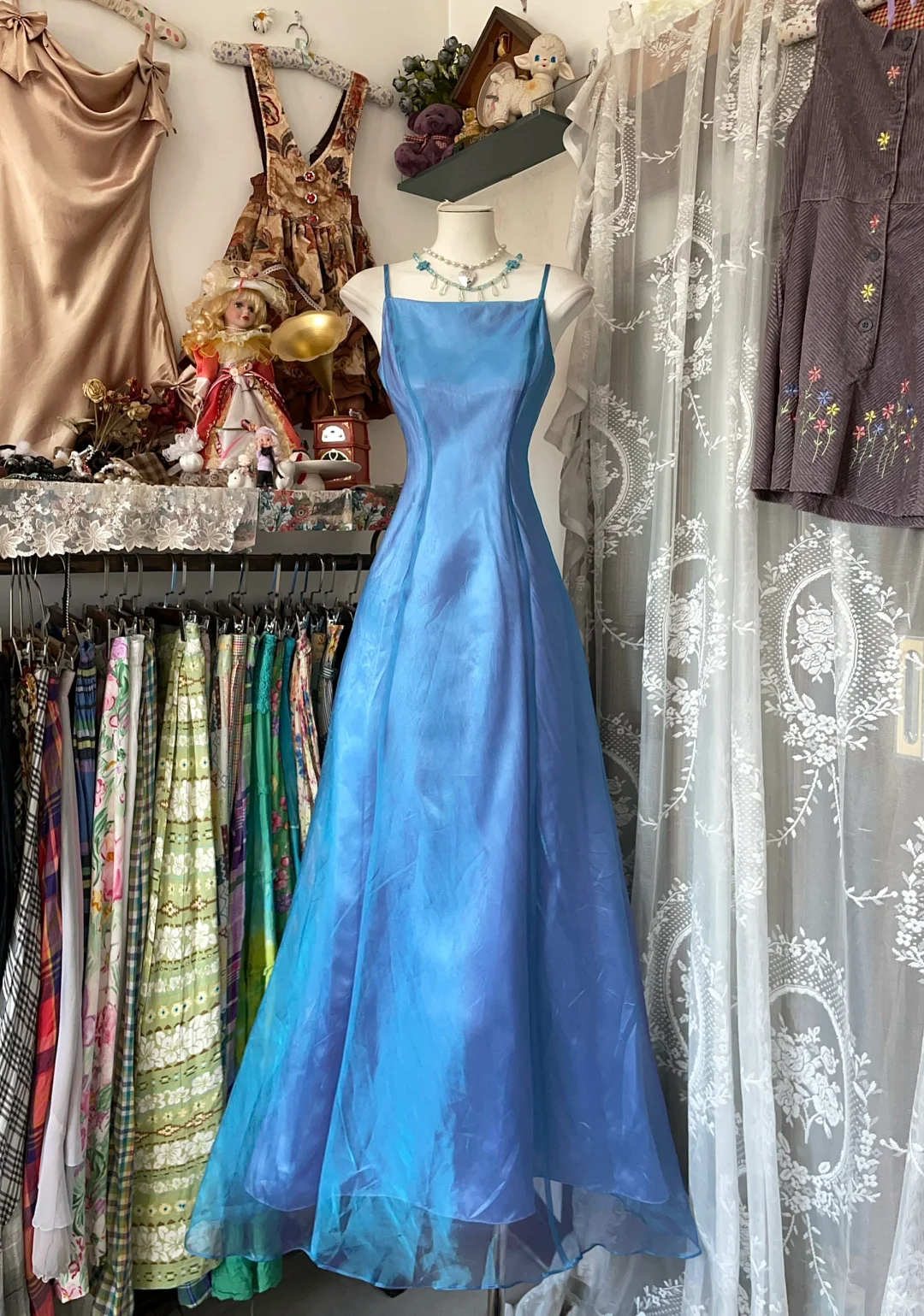 Robe de soirée longue vintage à bretelles bleues, coupe trapèze, DP4551