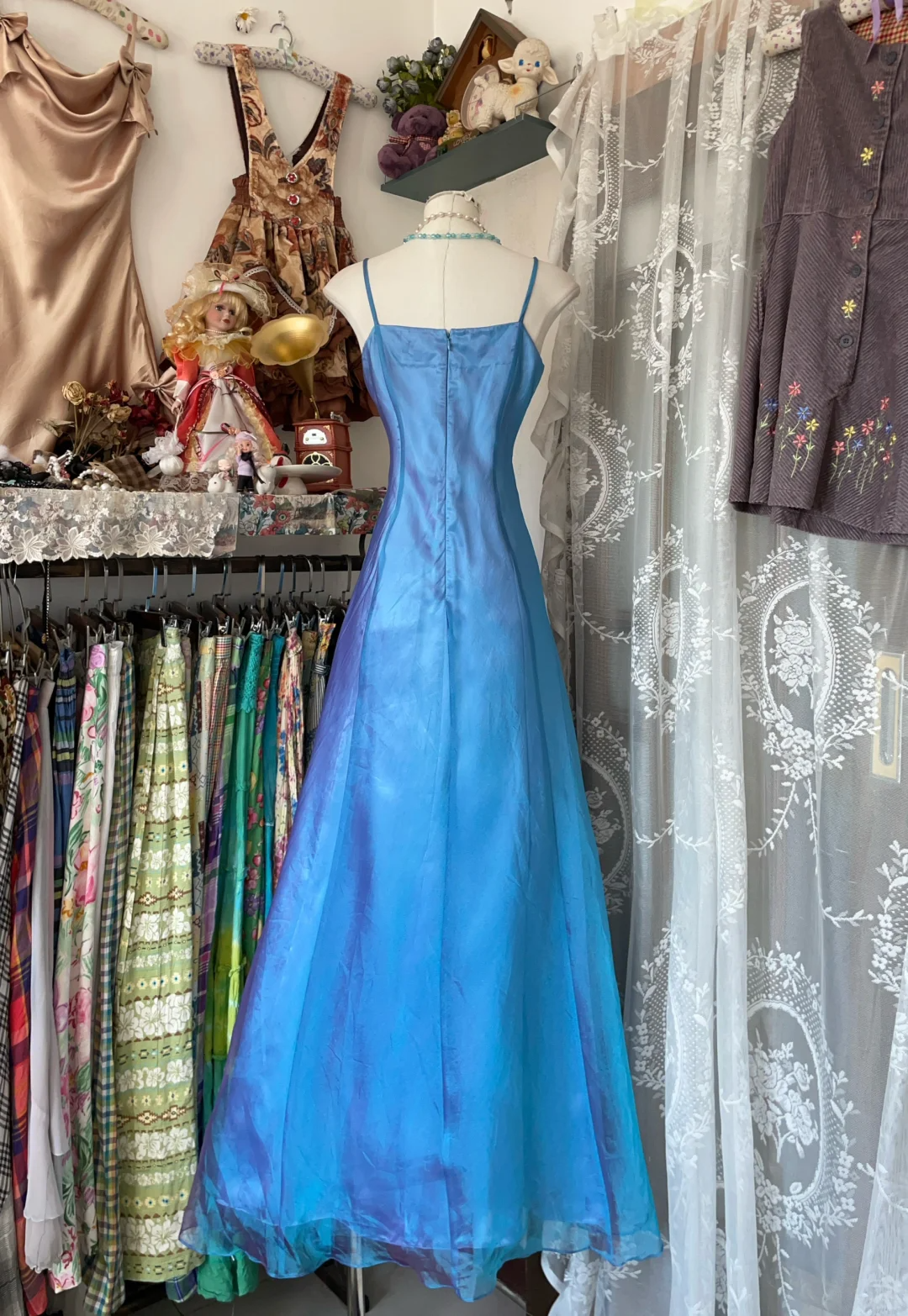 Robe de soirée longue vintage à bretelles bleues, coupe trapèze, DP4551
