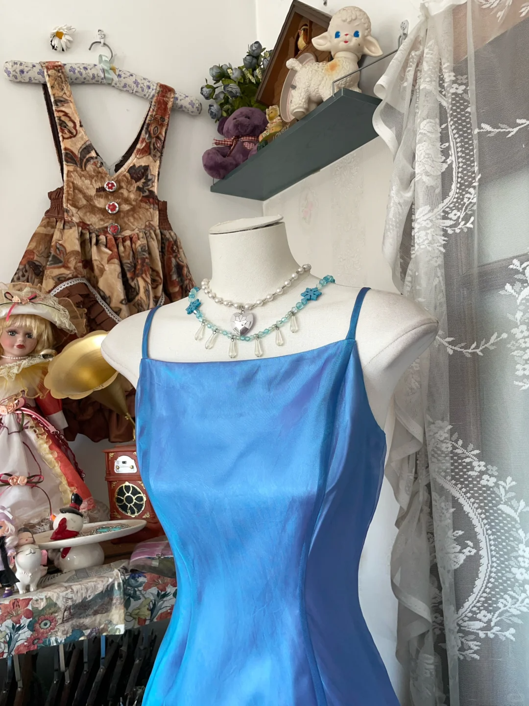 Robe de soirée longue vintage à bretelles bleues, coupe trapèze, DP4551