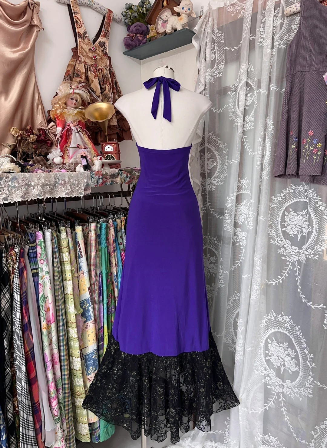 Lila V-Ausschnitt Neckholder Meerjungfrau Vintage Langes Partykleid Formelles Abendkleid, DP4553