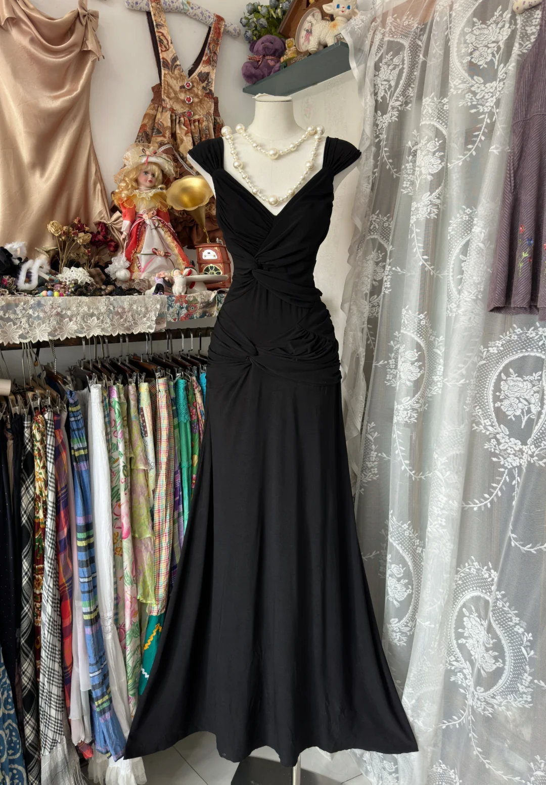 Robe de soirée longue noire à col en V et manches courtes, style sirène, style vintage, DP4557