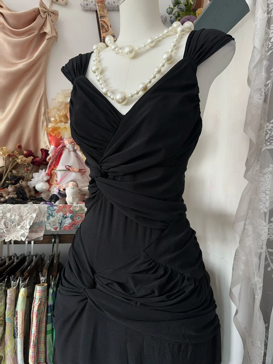 Robe de soirée longue noire à col en V et manches courtes, style sirène, style vintage, DP4557