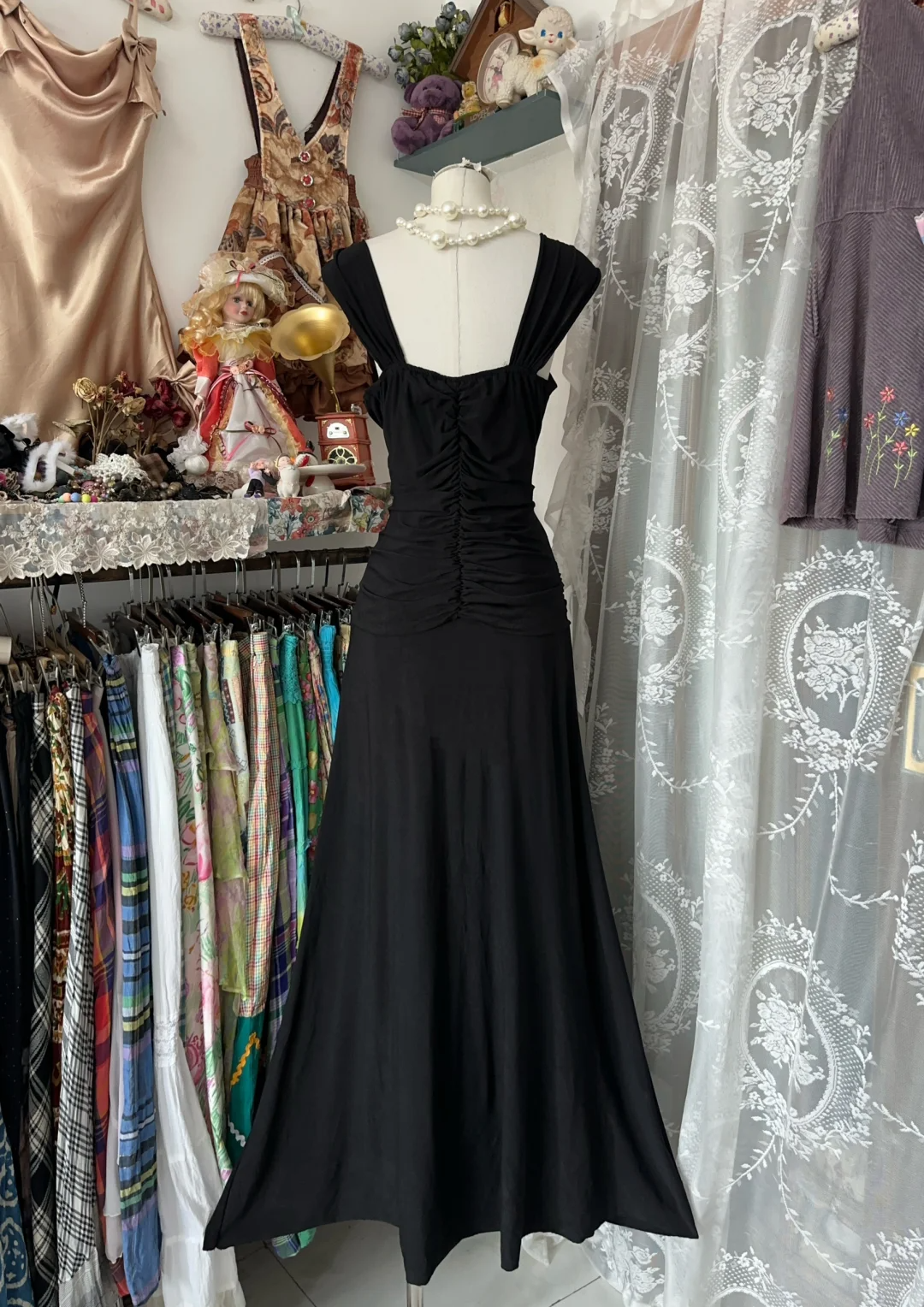 Robe de soirée longue noire à col en V et manches courtes, style sirène, style vintage, DP4557