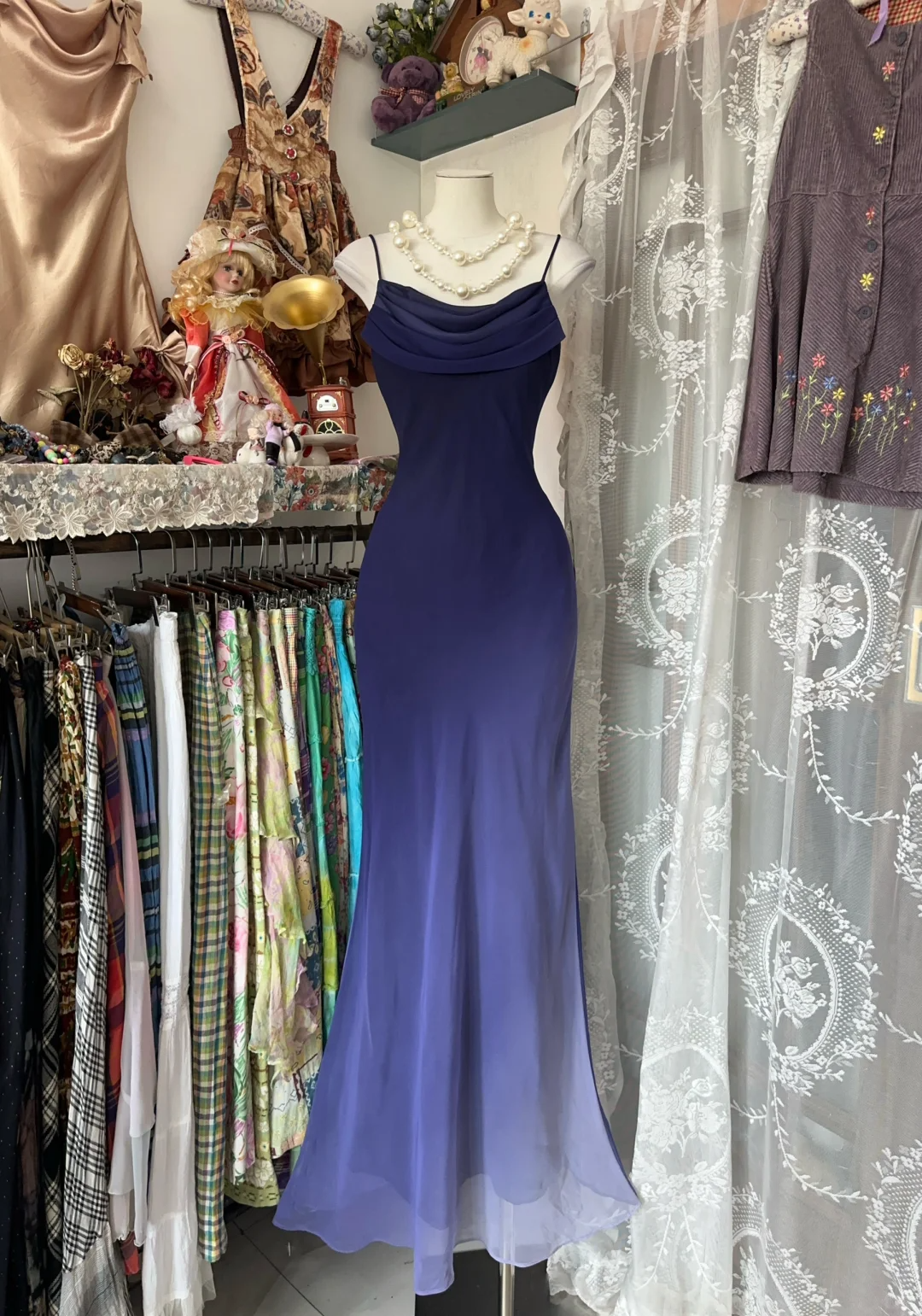 Lila Meerjungfrau-Vintage-Partykleid mit Farbverlauf und Trägern, langes Abendkleid, DP4559
