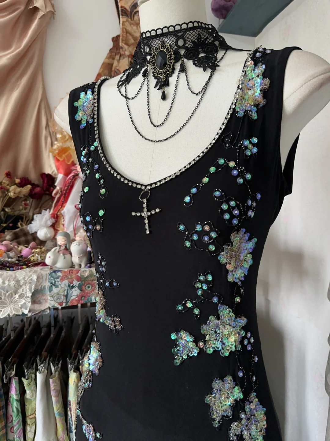 Vintage Schwarzes Perlenbesetztes Meerjungfrau Langes Partykleid Formales Abendkleid, DP4561