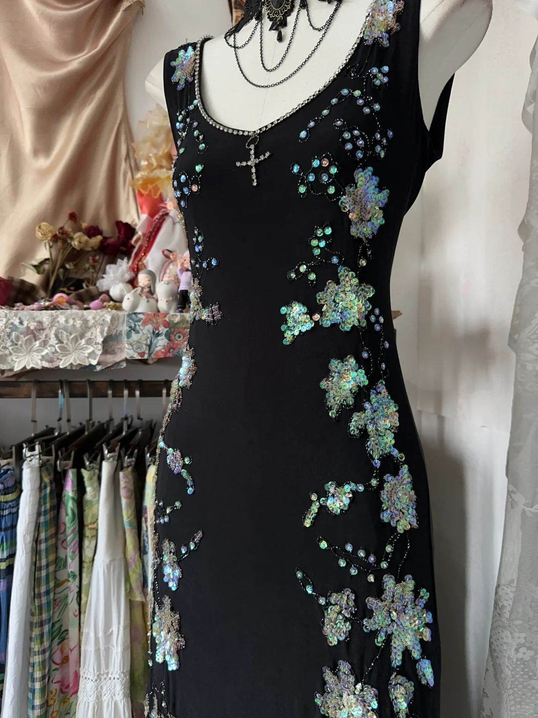 Vintage Schwarzes Perlenbesetztes Meerjungfrau Langes Partykleid Formales Abendkleid, DP4561