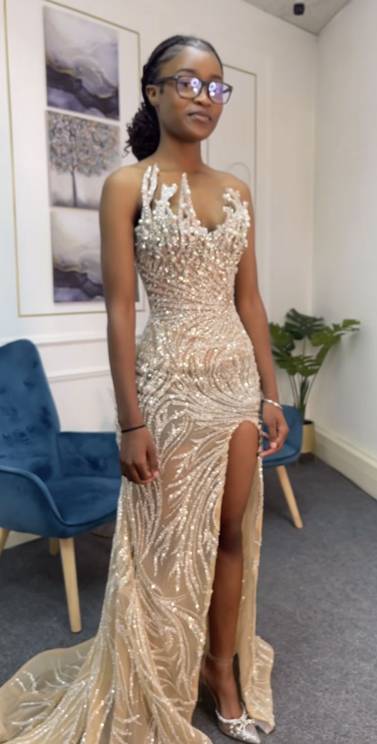 Champagne Strapless Sequins Sheath Long Prom Dress Evening Gown, DP456 – DSProm