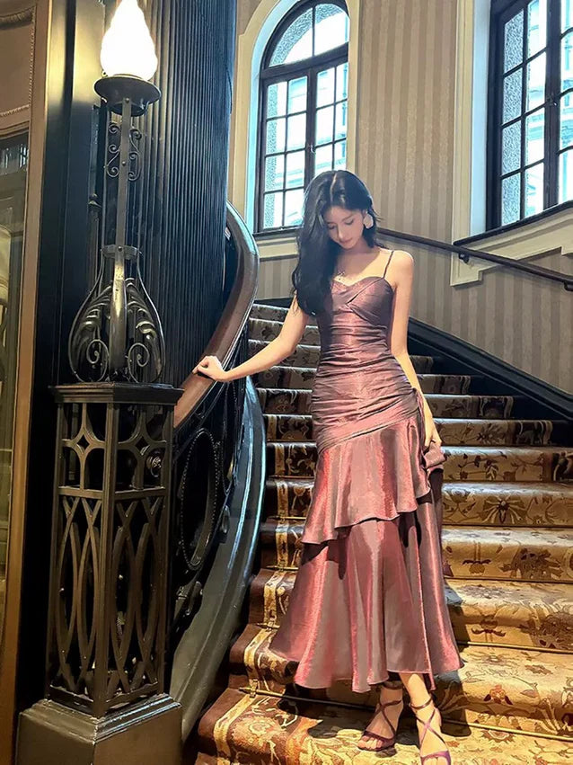 Dark Purple Spaghetti Straps A-Line Chiffon Long Prom Dress Evening Gown, DP4566